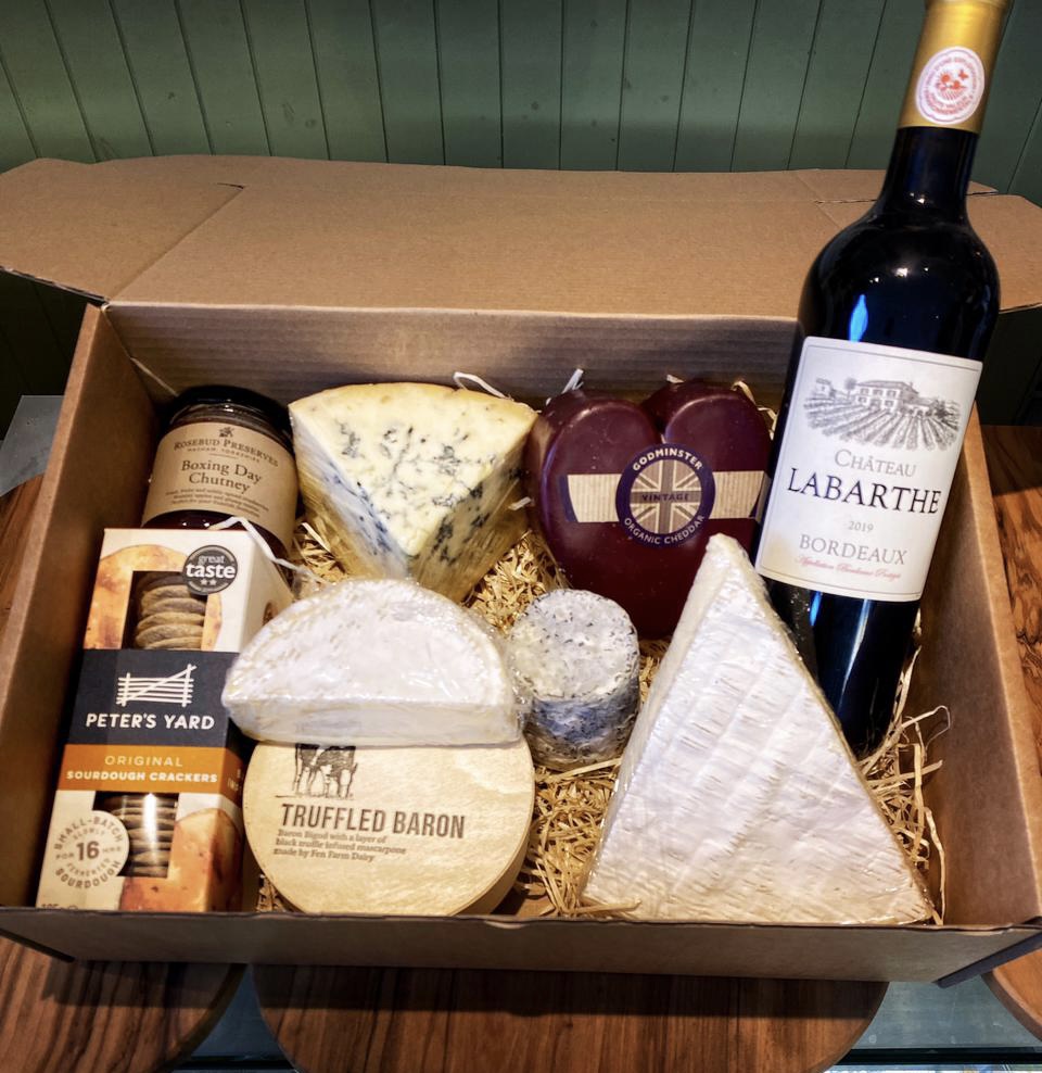 Large Cheese hamper in recycled cardboard box with Cheeseboard logo