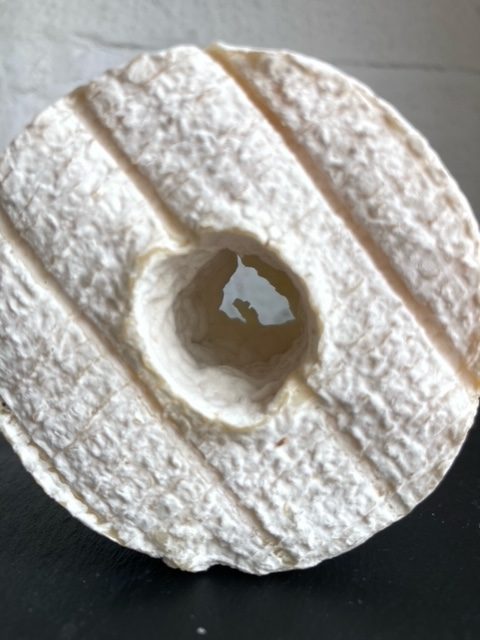 A small wheel of cheese with a hole in the middle